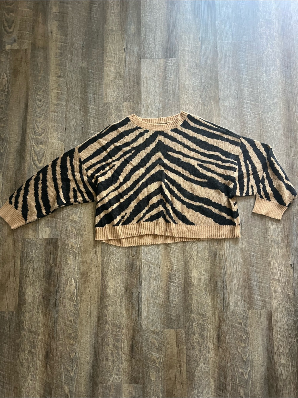 Plus size Zebra Print Cropped Knit Sweater in Tan and Black American Eagle